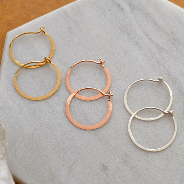 Sliver Hoop Earrings - handmade hammered small 14K Gold hoop earrings - Foamy Wader