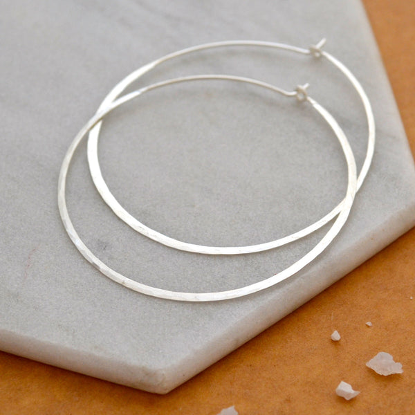 Sliver Hoop Earrings - handmade hammered lightweight large 14K Gold hoops - Foamy Wader