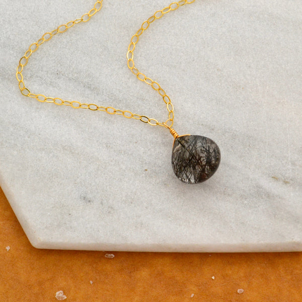 Black Sea Necklace - black striped tourmalinated quartz solitaire necklace - Foamy Wader