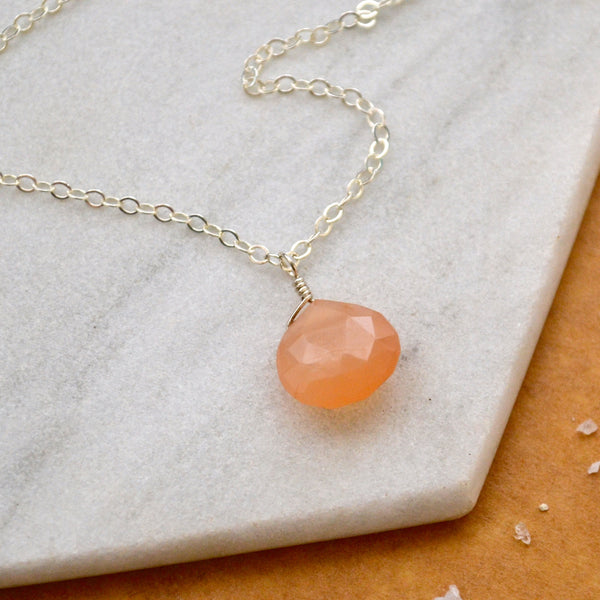 Dusk Necklace - peach moonstone gemstone solitaire necklace - Foamy Wader