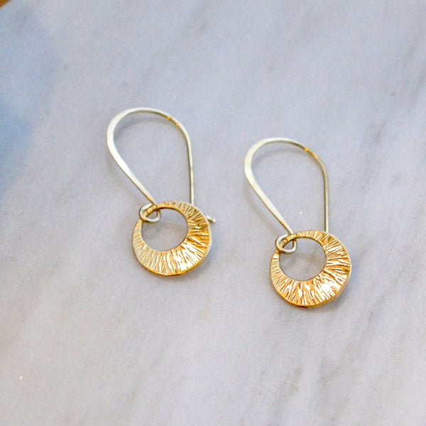 Beam Earrings - modern sunbeam circle drop earrings handmade in precious metals - Foamy Wader