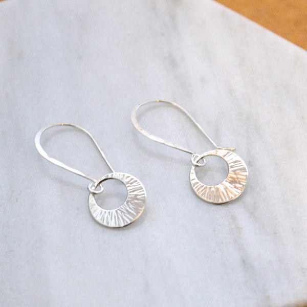 Beam Earrings - modern sunbeam circle drop earrings handmade in precious metals - Foamy Wader