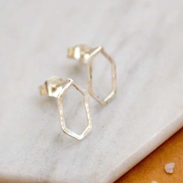 Boardwalk Stud Earrings - minimalist hammered hexagon post earrings - Foamy Wader