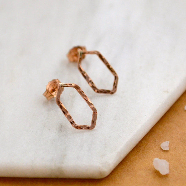 Boardwalk Stud Earrings - minimalist hammered hexagon post earrings - Foamy Wader