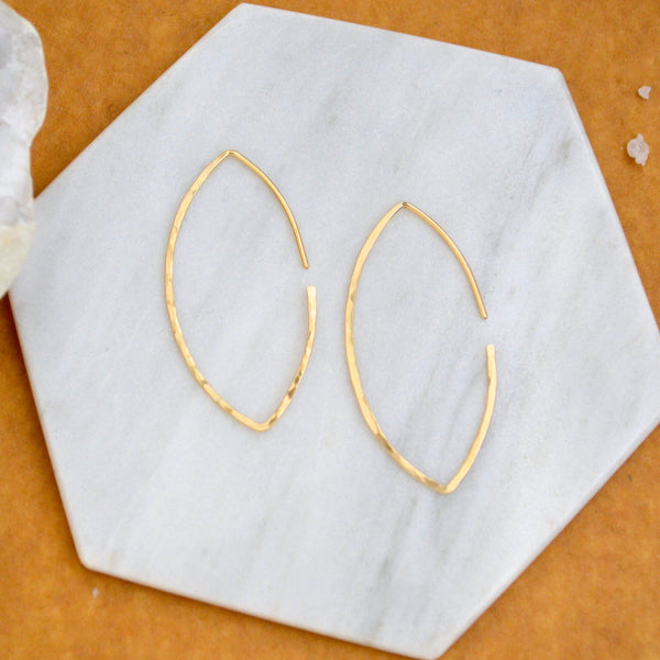 Buffy Earrings - handmade marquise dagger shape hammered hoop earrings - Foamy Wader