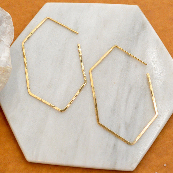 Buoy Hoop Earrings - handmade hammered elongated hexagon hoop earrings - Foamy Wader