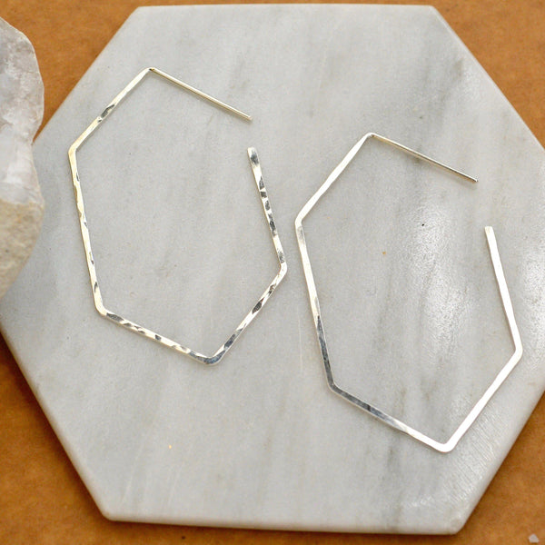 Buoy Hoop Earrings - handmade hammered elongated hexagon hoop earrings - Foamy Wader