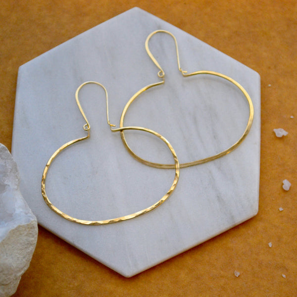 Canoe Earrings - handmade oval hammered dangling hoop earrings in 14k gold - Foamy Wader