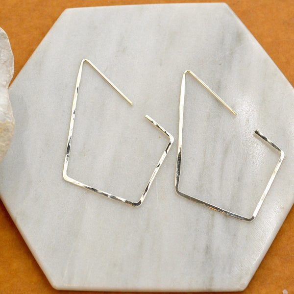 Dunes Hoop Earrings - hammered geometric kite diamond shape hoop earrings - Foamy Wader