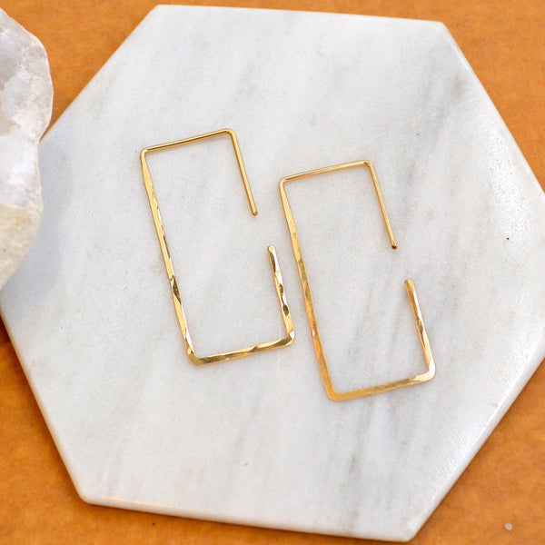 Mast Hoop Earrings - 14K gold shimmering hammered rectangle hoop earrings - Foamy Wader