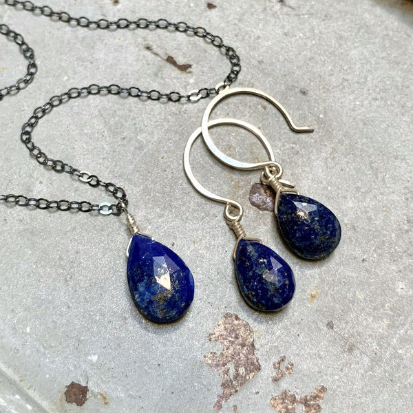 Midnight Earrings - cobalt blue lapis lazuli gemstone drop earrings - Foamy Wader