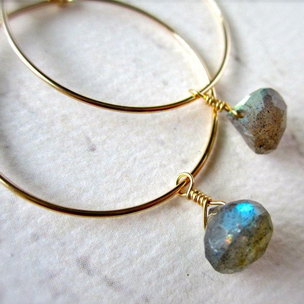 One Last Kiss Hoop Earrings - classic round hoops with gemstone dangles - Foamy Wader