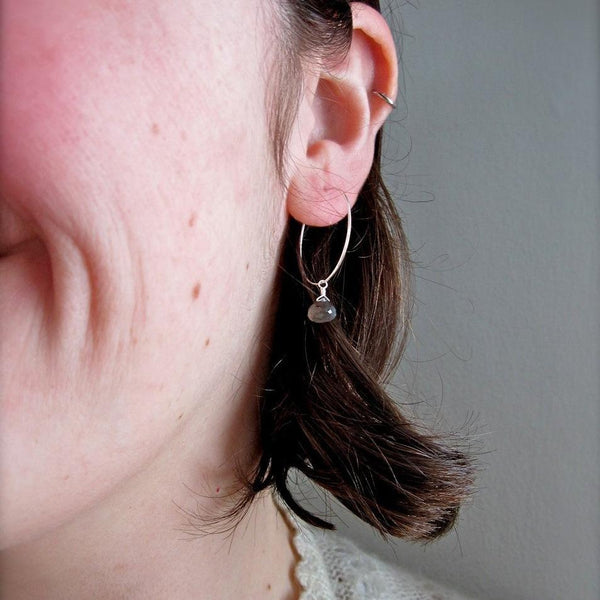 One Last Kiss Hoop Earrings - classic round hoops with gemstone dangles - Foamy Wader