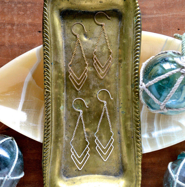 Regatta Earrings - triple chevron chandelier earrings in gold or silver - Foamy Wader