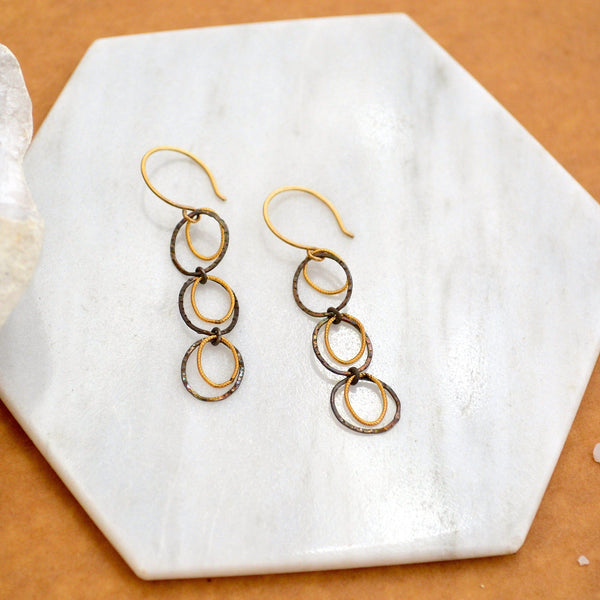 Skipping Stones Earrings - dangling multi circle earrings in gold, silver, or mixed metals - Foamy Wader