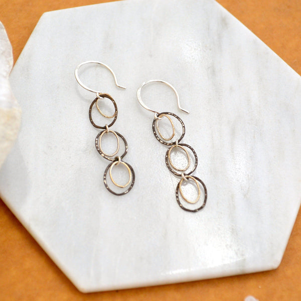 Skipping Stones Earrings - dangling multi circle earrings in gold, silver, or mixed metals - Foamy Wader