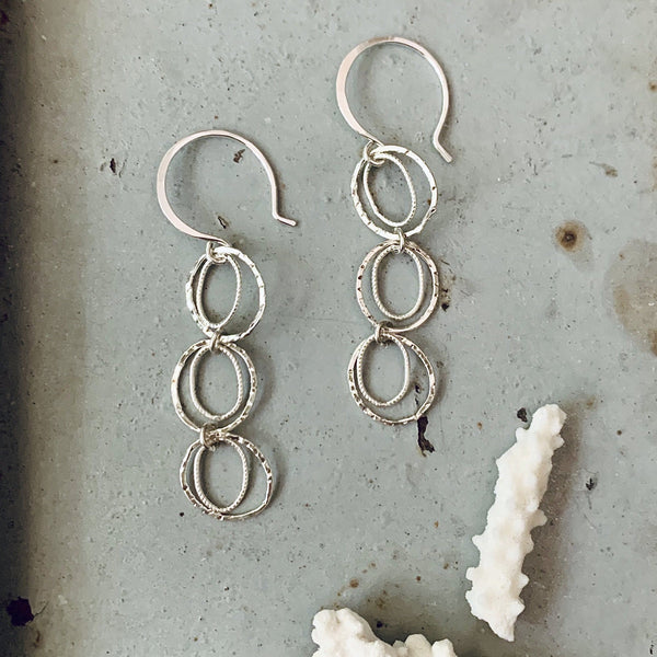 Skipping Stones Earrings - dangling multi circle earrings in gold, silver, or mixed metals - Foamy Wader
