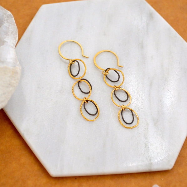 Skipping Stones Earrings - dangling multi circle earrings in gold, silver, or mixed metals - Foamy Wader