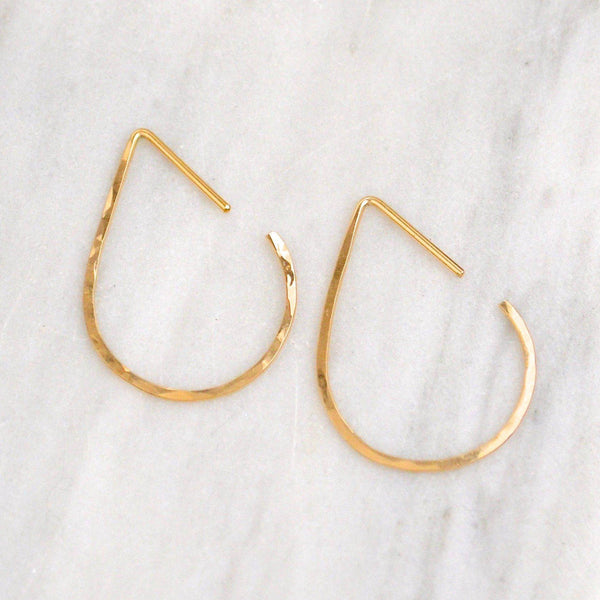 The Point Hoop Earrings - 14K gold handmade hammered teardrop open hoop earrings - Foamy Wader