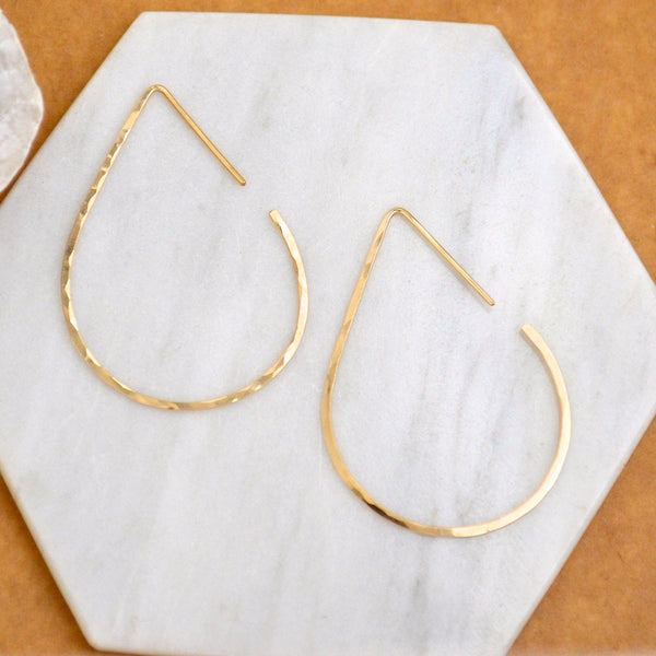The Point Hoop Earrings - 14K gold handmade hammered teardrop open hoop earrings - Foamy Wader