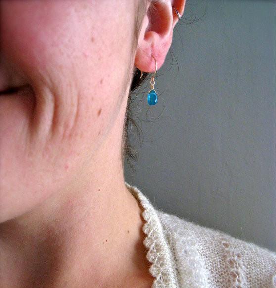 Lagoon Earrings: Neon Blue Apatite Earrings Gemstone Earrings Sustainable Jewelry Gold-Filled Earrings Handmade Gemstone Drop Earrings with Stones on model