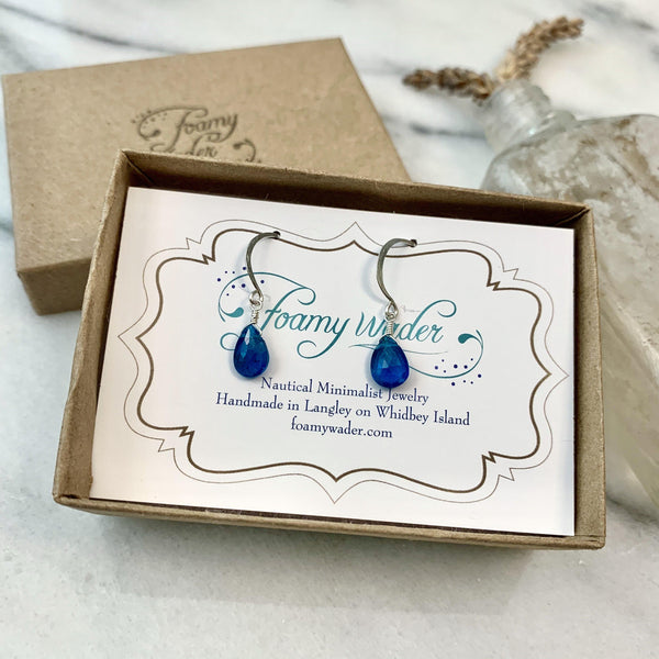Lagoon Earrings - neon blue apatite gemstone drop earrings - Foamy Wader