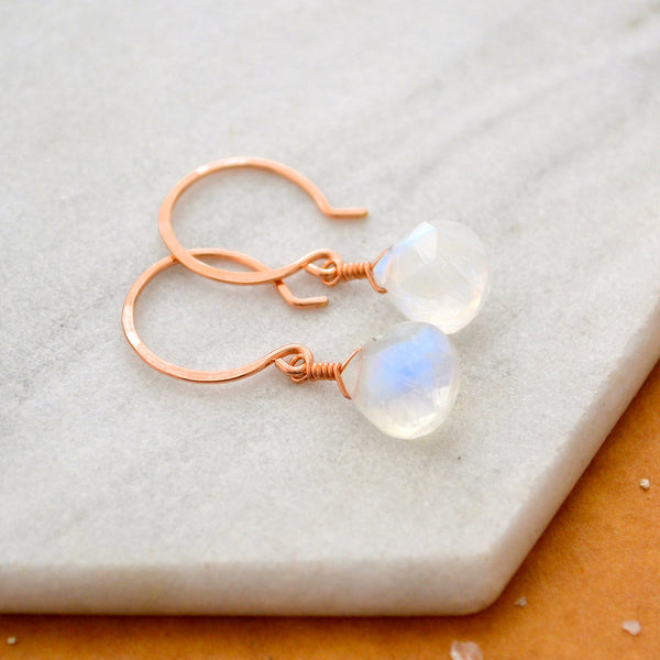 Moon Shadow Earrings - white rainbow moonstone gemstone drop earrings - Foamy Wader