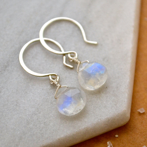 Moon Shadow Earrings - white rainbow moonstone gemstone drop earrings - Foamy Wader