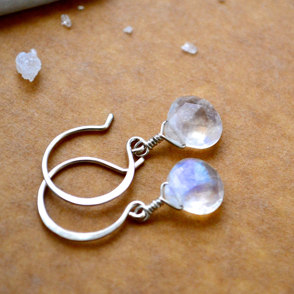 Moon Shadow Earrings - white rainbow moonstone gemstone drop earrings - Foamy Wader