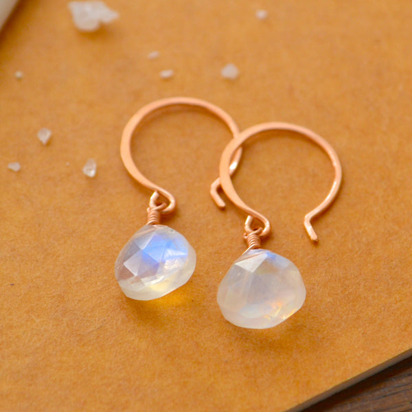 Moon Shadow Earrings - white rainbow moonstone gemstone drop earrings - Foamy Wader