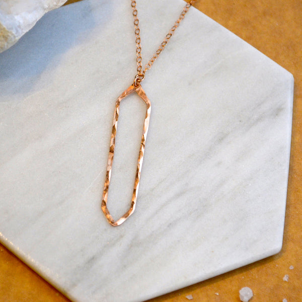 Boardwalk Necklace - hammered long hexagon silhouette pendant necklace - Foamy Wader