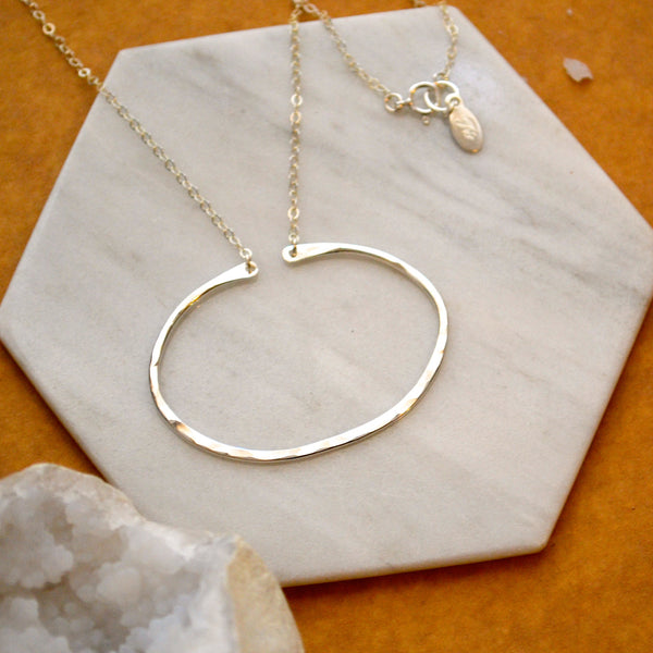 Canoe Necklace - handmade oval hammered boating pendant necklace in 14k gold - Foamy Wader