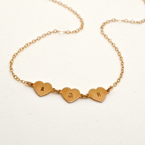 Connected Hearts Necklace - handmade linked triple heart charm necklace with initials - Foamy Wader