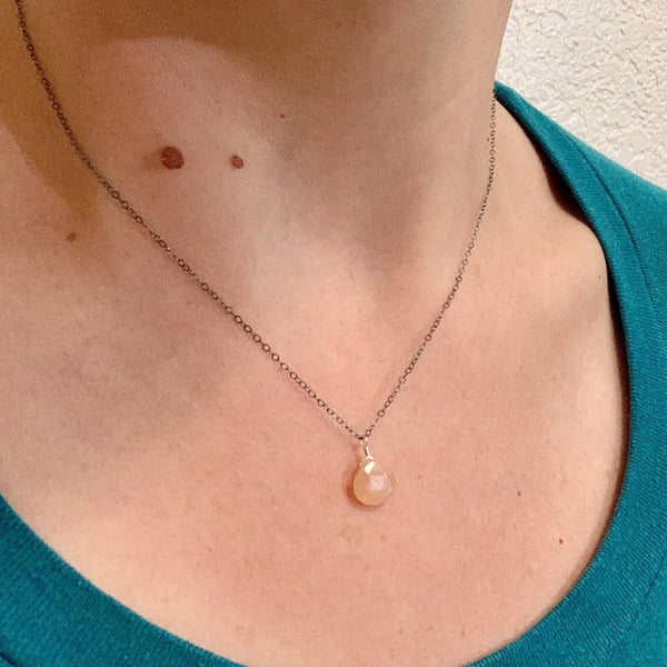 Dusk Necklace - peach moonstone gemstone solitaire necklace 14k gold - Foamy Wader
