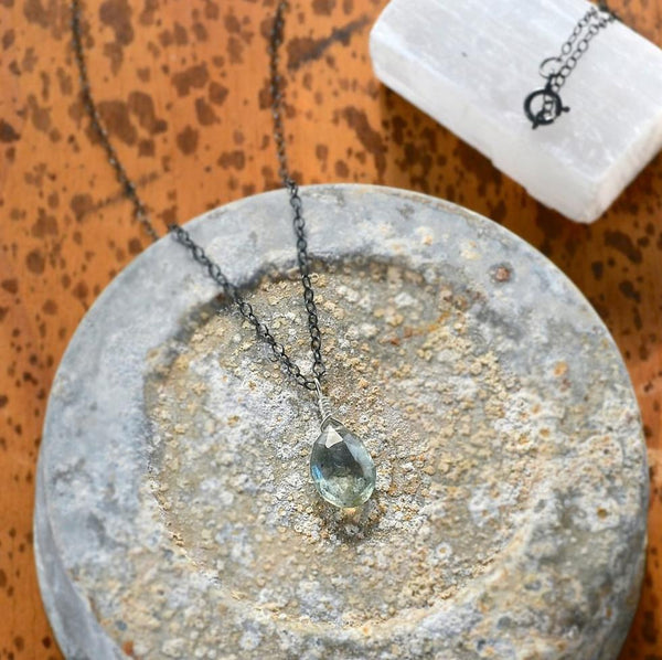 Freckles Petite Necklace - teal moss aquamarine solitaire necklace - Foamy Wader