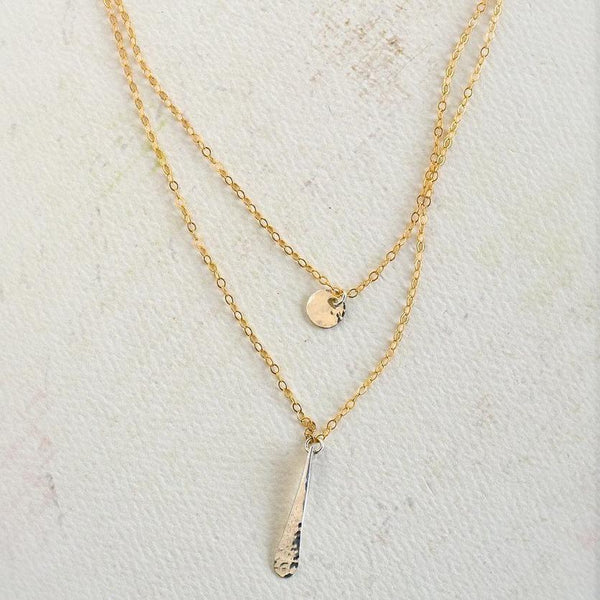 Oar Necklace - handmade double strand necklace with hammered circle and paddle charms - Foamy Wader