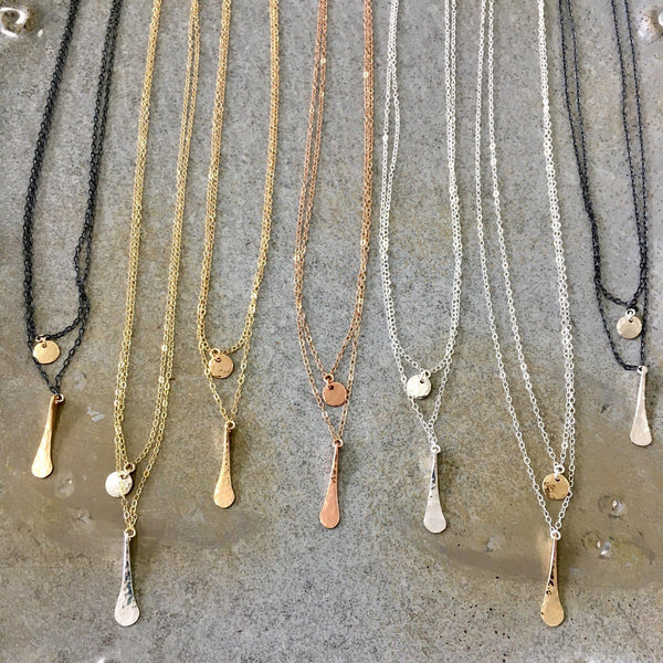 Oar Necklace - handmade double strand necklace with hammered circle and paddle charms - Foamy Wader