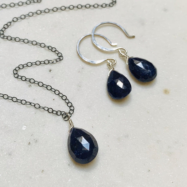 September Necklace - navy blue sapphire gemstone solitaire necklace - Foamy Wader