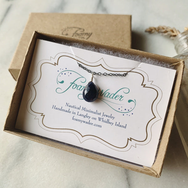 September Necklace - navy blue sapphire gemstone solitaire necklace - Foamy Wader