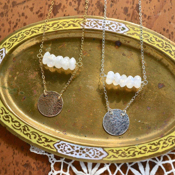 Sun and Moon Necklace - handmade layered circle and gemstone necklace with labradorite and moonstone - Foamy Wader