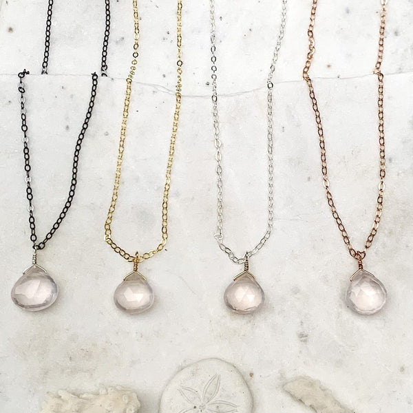Vie en Rose Necklace - blush pink rose quartz gemstone solitaire necklace - Foamy Wader