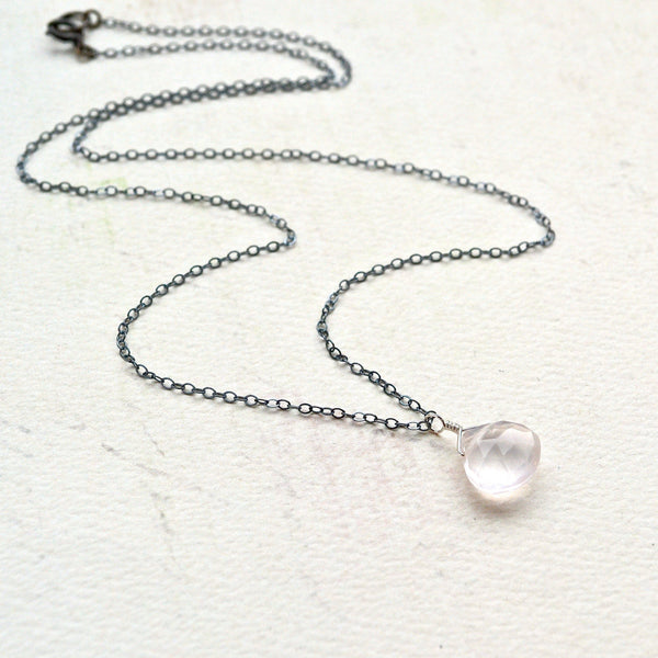 Vie en Rose Necklace - blush pink rose quartz gemstone solitaire necklace - Foamy Wader