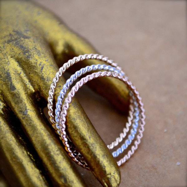 Tightrope Ring - handmade twisted wire rope precious metal stacking ring - Foamy Wader