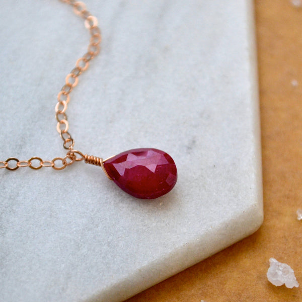 Sookie Necklace - crimson red ruby gemstone solitaire necklace - Foamy Wader