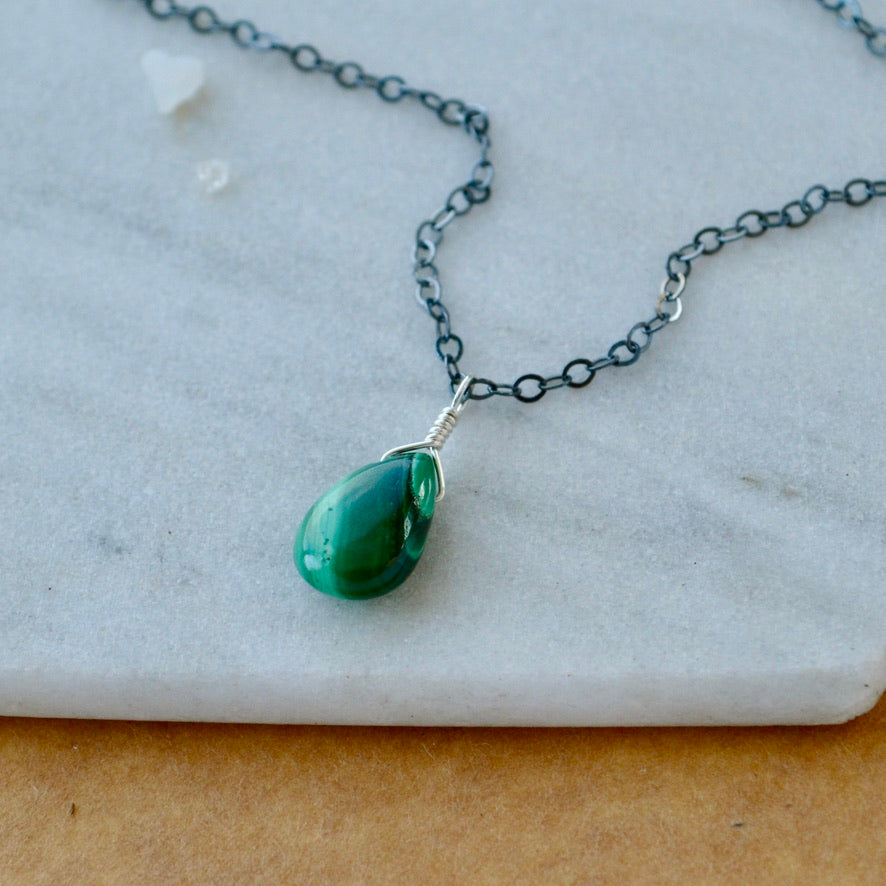 Low Tide Necklace - banded green malachite gemstone solitaire necklace