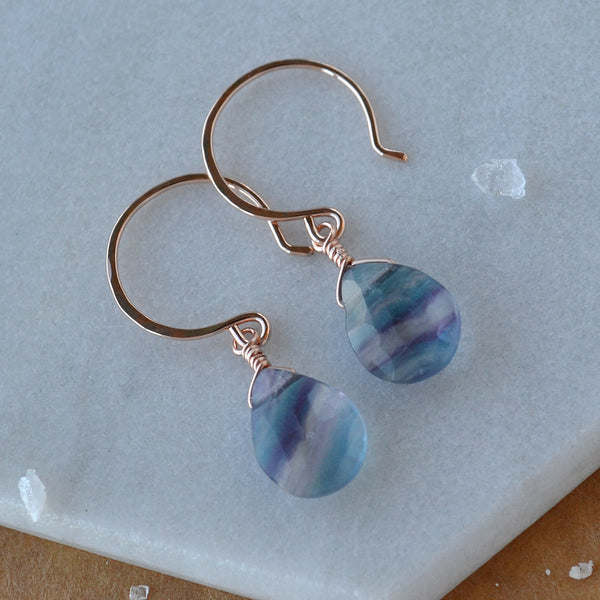 Aurora Earrings - banded teal purple fluorite gemstone drop earrings