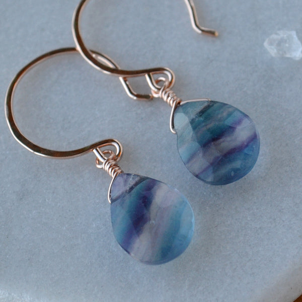 Aurora Earrings - banded teal purple fluorite gemstone drop earrings