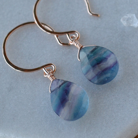 Aurora Earrings - banded teal purple fluorite gemstone drop earrings