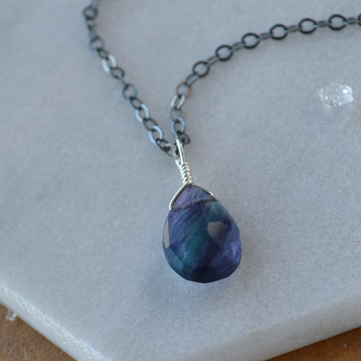 Aurora Necklace - banded teal purple fluorite gemstone solitaire necklace
