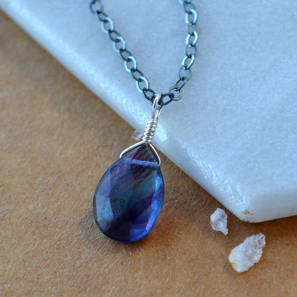 Aurora Necklace - banded teal purple fluorite gemstone solitaire necklace